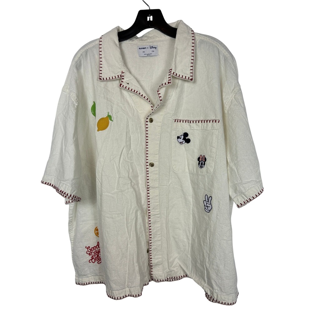 Old Navy x Disney White Linen Blend Mickey Minnie Short Sleeve Shirt XXL